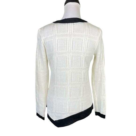 Waverly Grey Cream Thin Open Knit Black Trim Pullover Long Sleeve Sweater - Picture 2 of 11